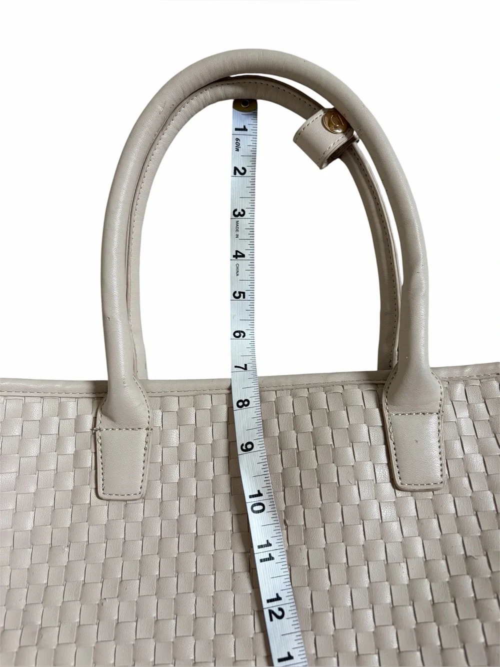 Lulu Dharma Cream Vegan Faux Leather Woven Texture Large Tote Shoulder Bag